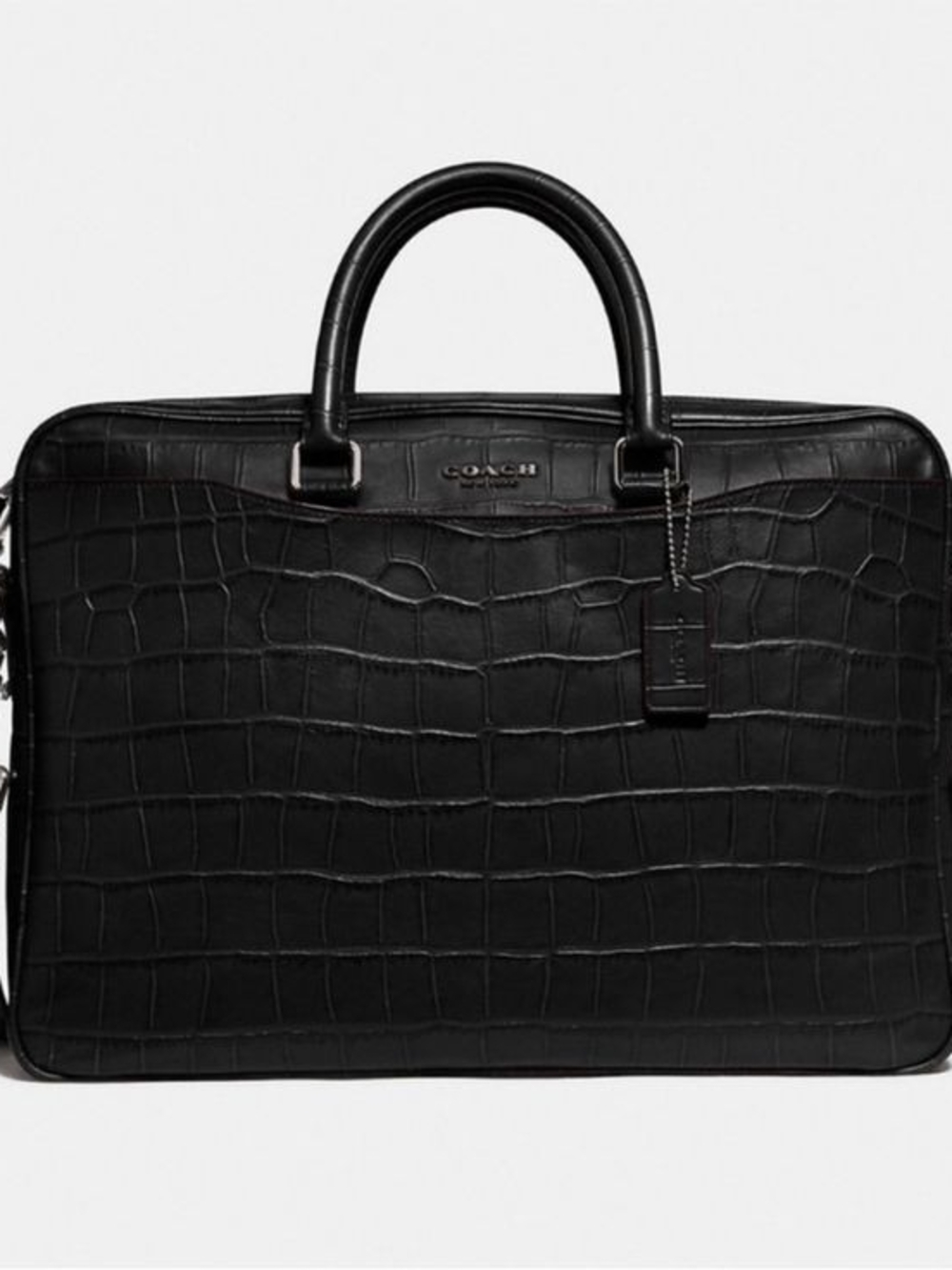 Coach Black Croc-Embossed Leather Briefcase with Top Handles